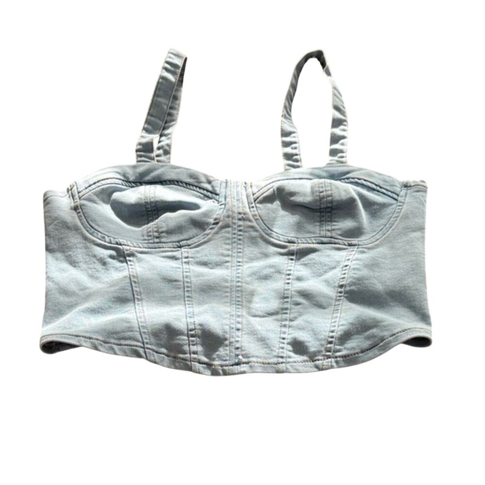 SHEIN Blue Denim Sleeveless Crop Top Square Neck Casual Womens Top